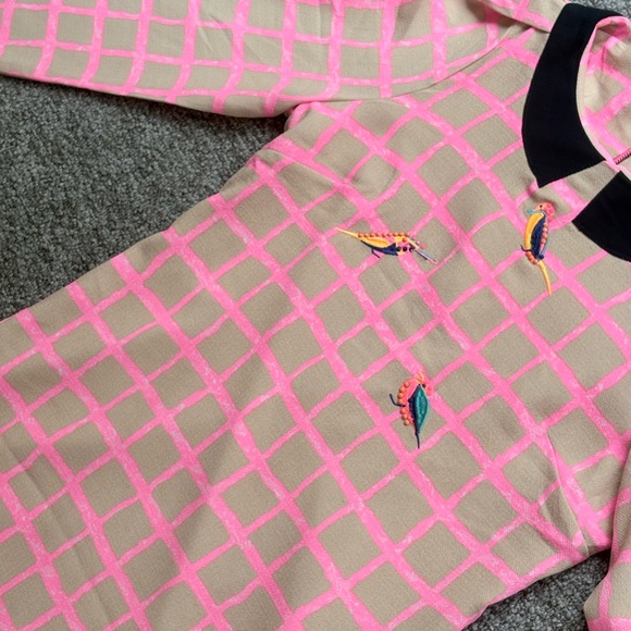 🧶LILY Pink & Beige Grid Shift Dress with Embroidered Birds - Size S - Picture 2 of 14